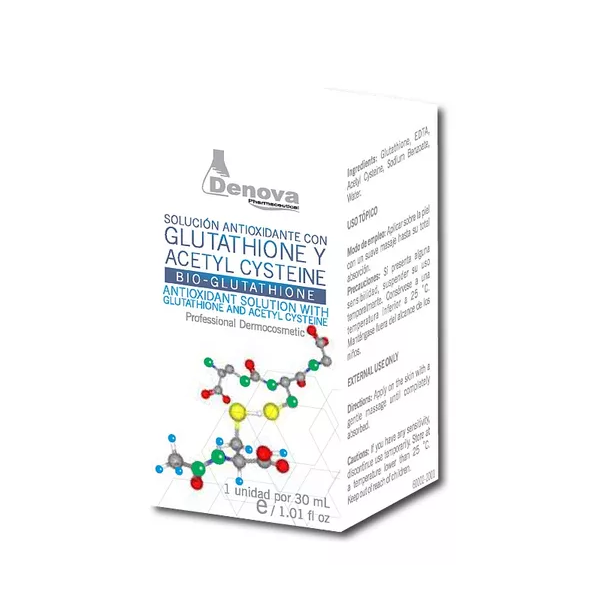 Glutathione y Acetyl Cysteine Denova Solución antioxidante cuenta con Cisteína siendo este un aminoácido que potencia la acción cosmética del Glutatión